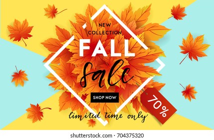 Autumn sale flyer template with lettering. Bright fall leaves. Poster, card, label, banner design. Bright geometrical background. Vector illustration EPS10