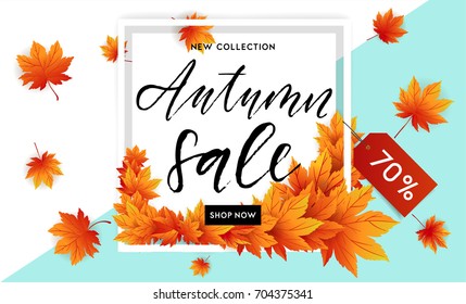Autumn sale flyer template with lettering. Bright fall leaves. Poster, card, label, banner design. Bright geometrical background. Vector illustration EPS10