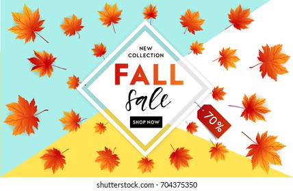 Autumn sale flyer template with lettering. Bright fall leaves. Poster, card, label, banner design. Bright geometrical background. Vector illustration EPS10