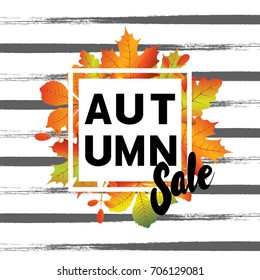 Autumn sale flyer template with lettering. Bright fall leaves. Vector illustration for a postcard or a poster.