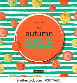 Autumn sale flyer template with lettering. Bright fall leaves. Poster, card, label, banner design. Vector illustration EPS10