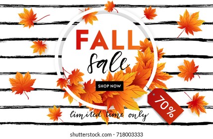 Autumn sale flyer template with lettering. Bright fall leaves. Poster, card, label, banner design. Bright geometrical background. Vector illustration EPS10