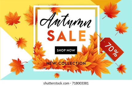 Autumn sale flyer template with lettering. Bright fall leaves. Poster, card, label, banner design. Bright geometrical background. Vector illustration EPS10