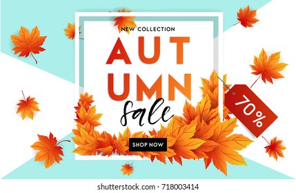 Autumn sale flyer template with lettering. Bright fall leaves. Poster, card, label, banner design. Bright geometrical background. Vector illustration EPS10