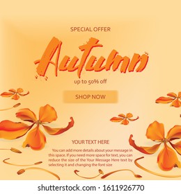Autumn sale flyer template with lettering.Autumn sale background layout . Vector poster background. Layout for discount labels, flyers and shopping.
