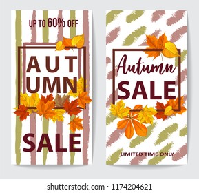 autumn sale flyer two with autumn leaves of maple, birch, oak, chestnut, circles with shadow