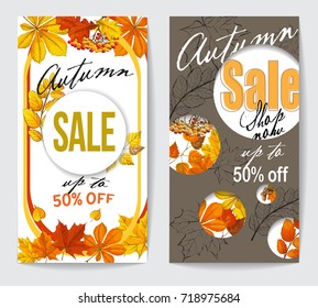 autumn sale flyer two with autumn leaves of maple, birch, oak, chestnut, circles with shadow