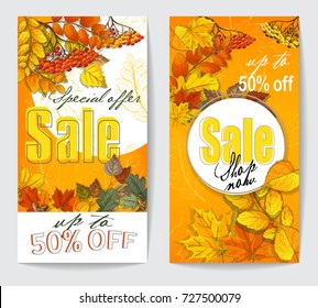 autumn sale flyer two with autumn leaves of maple, birch, oak, chestnut, circles with shadow