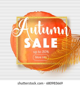 Autumn sale flyer, vector illustration. Watercolor orange circle, white text, fall leaves, striped pattern background. Trendy bright colors.