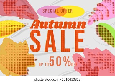 Autumn Sale glued paper with wrinkles effect riso, halftone, banner