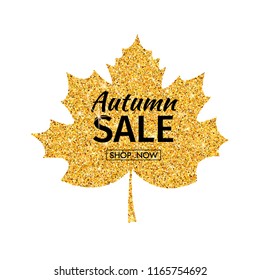 Autumn sale. Gold leave with text isolated on white background. Sale or promo poster. Golden maple leave. Vector illustration .