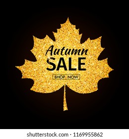 Autumn sale. Gold leave with text on dark background. Sale or promo poster. Golden maple leave. Vector illustration .