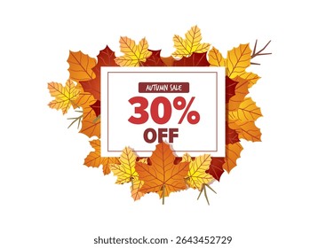 Autumn sale graphic featuring prominent 30 percent off text in a stylish box surrounded by colorful falling leaves for seasonal promotion