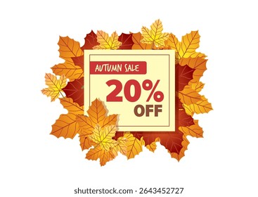 Autumn sale graphic featuring promotional 20 percent off text inside a stylish box surrounded by colorful falling leaves