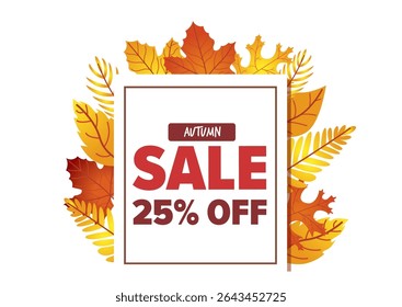 Gráfico de venda de outono mostrando 25% de texto emoldurado por uma variedade de folhas coloridas para atrair compradores sazonais