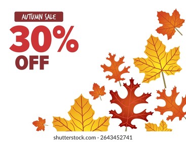 Gráfico de venda de outono mostrando 30% de texto complementado por uma variedade de folhas coloridas para atrair compradores sazonais