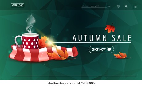 Autumn sale, green discount banner with polygonal texture, mug of hot tea and warm scarf