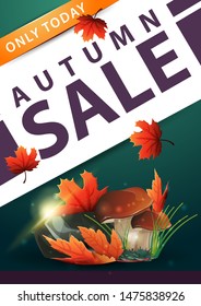 Autumn sale, green vertical discount banner with mushrooms and autumn leaves