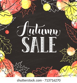Autumn sale. Hand drawn lettering with watercolor dots on black background. Fall poster with autumn leaves outline.