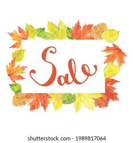 Autumn sale hand lettering on a watercolor leaves. Template for card, banner, poster, print, web. Vector illustration.