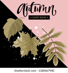 Autumn sale. Hand lettering. Postcard with autumn leaves on a beautiful background. Vector illustration.