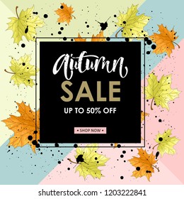Autumn sale. Hand lettering. Postcard with autumn leaves on a beautiful background. Vector illustration.
