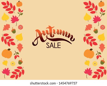 Autumn sale hand lettering typography. Modern brush calligraphy. Vector illustration with leaves, flowers, berries and floral elements for poster, postcard, invitation template. EPS10