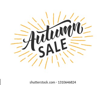 Autumn sale hand written lettering with retro styled sun rays. Discount banner, vector illustration.