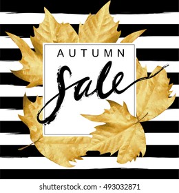 "Autumn Sale" hand written lettering illustration. Autumn mood vector template. Textured Leaf shape on striped background.