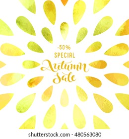 Autumn sale - handwritten lettering with yellow watercolor textured splatter frame; vector illustration; poster or label for shop and market; text on bright splash background