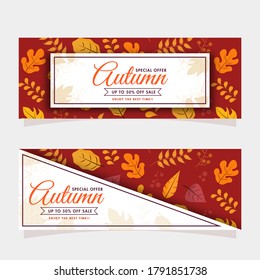 Autumn Sale Header Or Banner Design Set with 50% Discount Offer and Various Leaves Decorated on Red Brown and White Background.