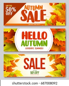 Autumn sale and hello autumn vector design set of banners and background for fall season with maple leaves. Vector illustration.
