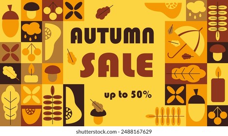 Autumn sale high contrast abstract horizontal banner in geometric style. Vacation elements in simple geometric shapes, vector flat style. Good for advertisement and marketing