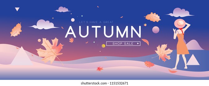 Autumn sale holiday and fashion web banner. Fashion and travel discount poster. Vector holiday Abstract colorful illustration with special offer and promotion.