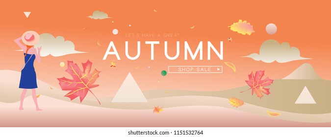 Autumn sale holiday and fashion web banner. Fashion and travel discount poster. Vector holiday Abstract colorful illustration with special offer and promotion.