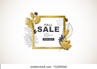 Autumn Sale Horizontal Banner With Isolated Golden Square Frame And 3d Style Gold And Outline Autumn Leaves. Vector Fall Poster Background. Layout For Discount Labels, Flyers And Shopping.