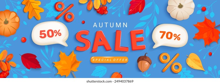 Autumn sale horizontal banner with promo discounts inside 3d speech bubbles. Colorful fall leaves,rowanberries,acorns,pumpkins.Template for seasonal offers,promo,presentation.Vector illustration