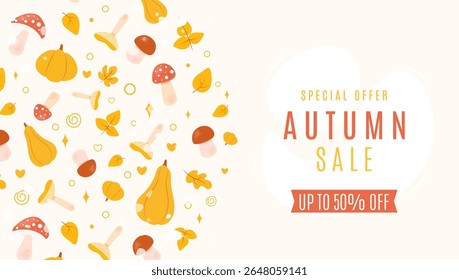 Banner horizontal venda de outono com elementos sazonais - abóbora, cabaça, folhas de queda, cogumelos. Ilustração de vetor desenhada à mão. Perfeito para banner do site, folheto de promoção, publicidade e assim por diante