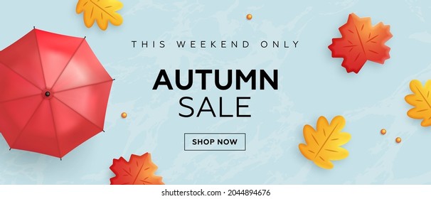Autumn sale horizontal banner template with realistic umbrella and autumn leaves. Vector illustration