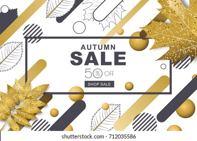 Autumn sale horizontal banners with 3d style gold and outline fall leaves and motion geometric shapes. Vector poster background. Layout for discount labels, flyers and shopping.