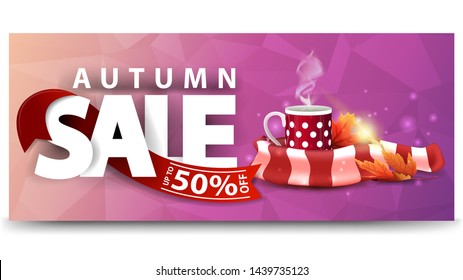 Autumn sale, horizontal discount web banner for your website with mug of hot tea and warm scarf
