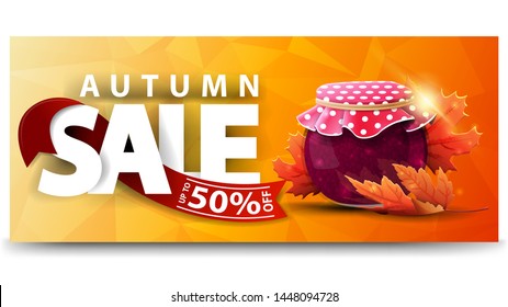 Autumn sale, horizontal discount web banner for your website with jar of jam and maple leaves