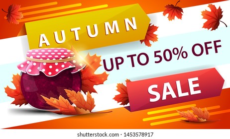 Autumn sale, horizontal discount web banner for your website with creative design, jar of jam and maple leaves