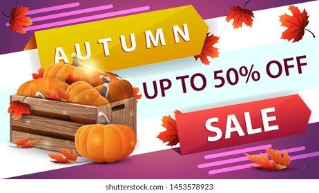 Autumn sale, horizontal discount web banner for your website with creative design, wooden crates of ripe pumpkins and autumn eaves