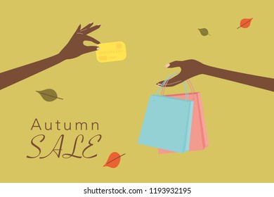 Autumn sale illustration with hand and shopping bag