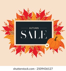 Autumn sale illustration with leaves and pumpkin