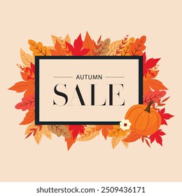 Autumn sale illustration with leaves and pumpkin flat design