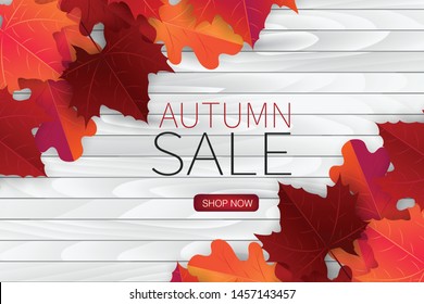 Autumn sale illustration with red and orange  maple leaves on white wooden board background. Vector design for advertising, shopping, promo.