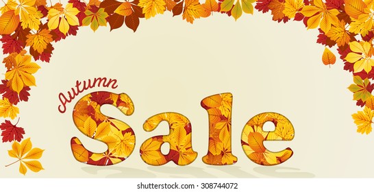 Autumn Sale. Inscription from autumn red and yellow vector leaves on light background