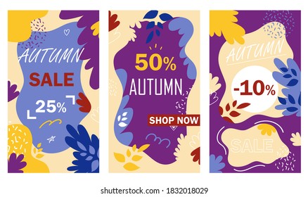 Autumn Sale Instagram Stories. Promotion Set. Vector Illustration